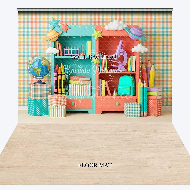 Aperturee - Aperturee Colorful Plaid Wall Bookshelves Combo Set Backdrop Whimsical School Supplies for Kids Learning