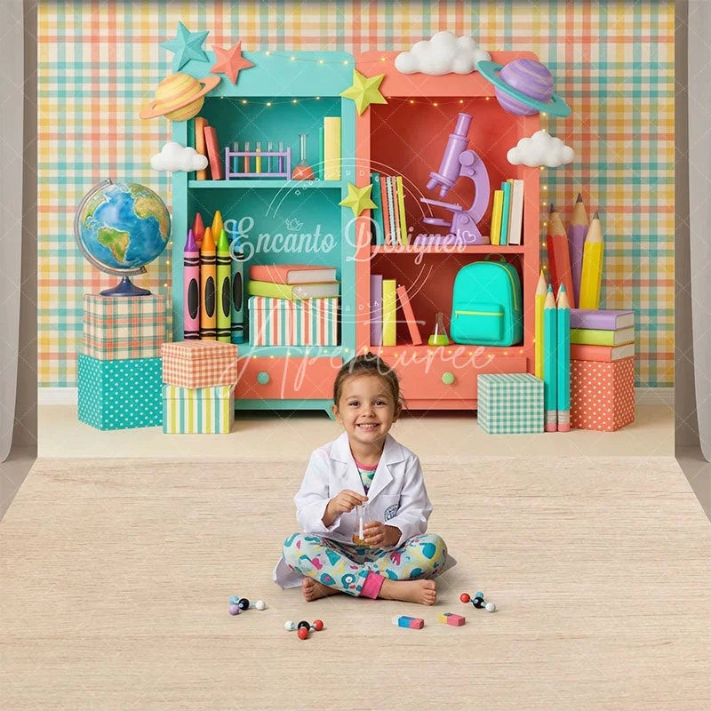 Aperturee - Aperturee Colorful Plaid Wall Bookshelves Combo Set Backdrop Whimsical School Supplies for Kids Learning