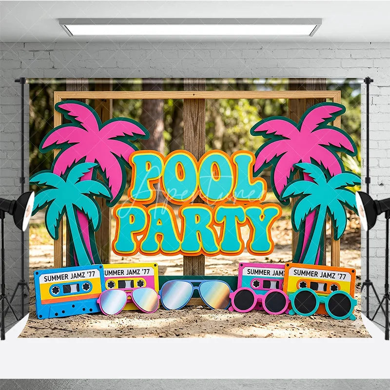 Aperturee - Aperturee Colorful Pool Party Photography Backdrop featuring Retro Palm Trees Summer Jamz Cassette Tapes and Sunglasses