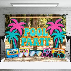 Aperturee - Aperturee Colorful Pool Party Photography Backdrop featuring Retro Palm Trees Summer Jamz Cassette Tapes and Sunglasses