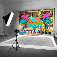 Aperturee - Aperturee Colorful Pool Party Photography Backdrop featuring Retro Palm Trees Summer Jamz Cassette Tapes and Sunglasses