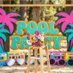 Aperturee - Aperturee Colorful Pool Party Photography Backdrop featuring Retro Palm Trees Summer Jamz Cassette Tapes and Sunglasses