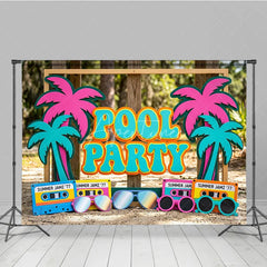 Aperturee - Aperturee Colorful Pool Party Photography Backdrop featuring Retro Palm Trees Summer Jamz Cassette Tapes and Sunglasses