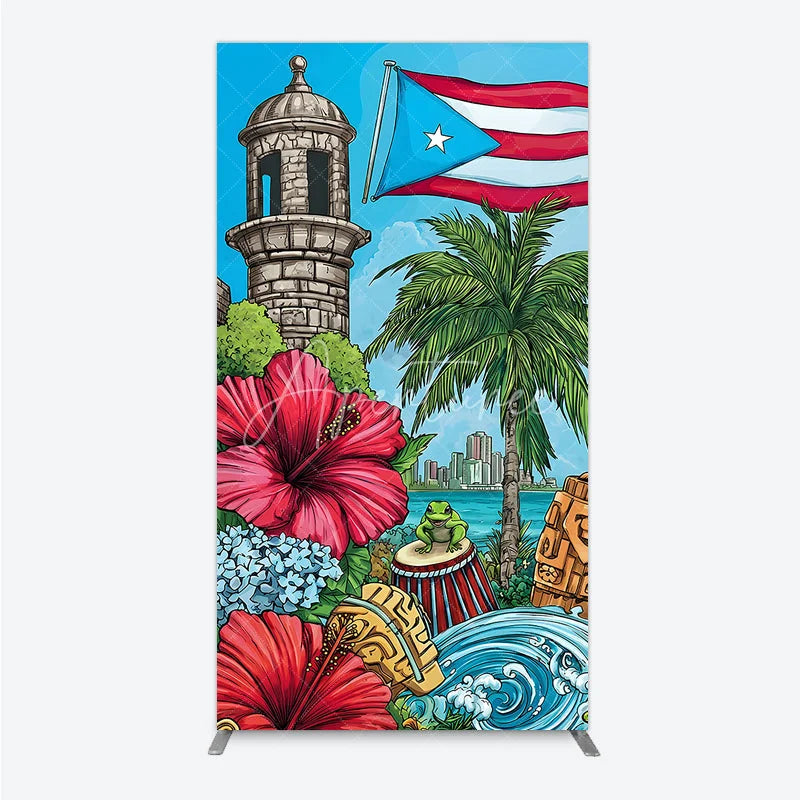 Aperturee - Aperturee Colorful Puerto Rico Tropical Island Rectangle Arch Backdrop with Flag Historic Tower and Coqui Frog