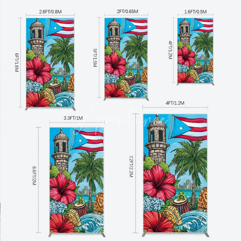 Aperturee - Aperturee Colorful Puerto Rico Tropical Island Rectangle Arch Backdrop with Flag Historic Tower and Coqui Frog