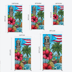 Aperturee - Aperturee Colorful Puerto Rico Tropical Island Rectangle Arch Backdrop with Flag Historic Tower and Coqui Frog