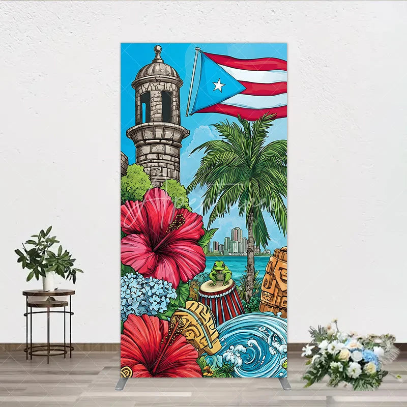 Aperturee - Aperturee Colorful Puerto Rico Tropical Island Rectangle Arch Backdrop with Flag Historic Tower and Coqui Frog