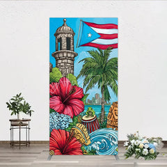 Aperturee - Aperturee Colorful Puerto Rico Tropical Island Rectangle Arch Backdrop with Flag Historic Tower and Coqui Frog