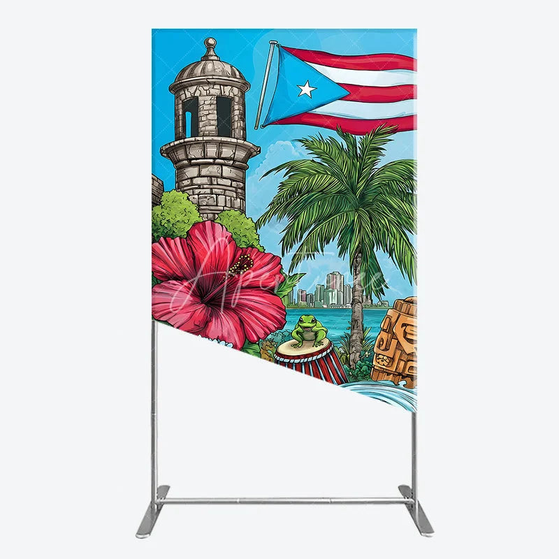 Aperturee - Aperturee Colorful Puerto Rico Tropical Island Rectangle Arch Backdrop with Flag Historic Tower and Coqui Frog