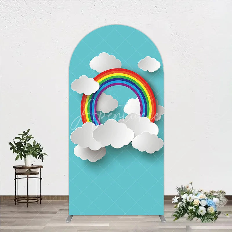Aperturee - Aperturee Colorful Rainbow and Clouds Paper Cut Style Round Top Arch Backdrop Dreamy Baby Shower Party Decor