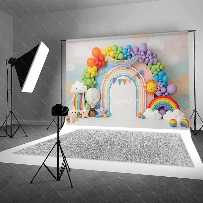Aperturee - Aperturee Colorful Rainbow and Sun Photography Backdrop Clouds and Balloons Birthday Banner