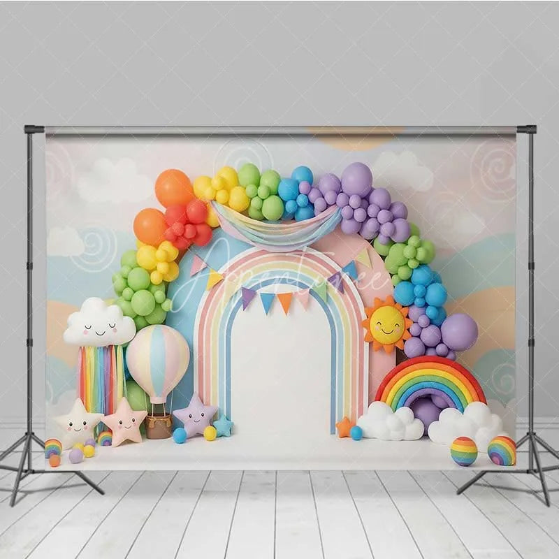 Aperturee - Aperturee Colorful Rainbow and Sun Photography Backdrop Clouds and Balloons Birthday Banner