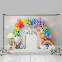 Aperturee - Aperturee Colorful Rainbow and Sun Photography Backdrop Clouds and Balloons Birthday Banner