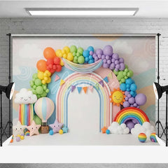 Aperturee - Aperturee Colorful Rainbow and Sun Photography Backdrop Clouds and Balloons Birthday Banner