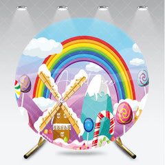 Aperturee - Aperturee Colorful Rainbow Candy Land Windmill Round Backdrop Sweet Lollipops and Candy Canes for Birthday Party
