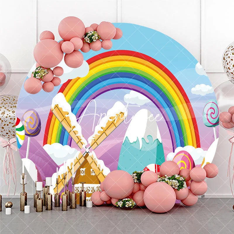 Aperturee - Aperturee Colorful Rainbow Candy Land Windmill Round Backdrop Sweet Lollipops and Candy Canes for Birthday Party