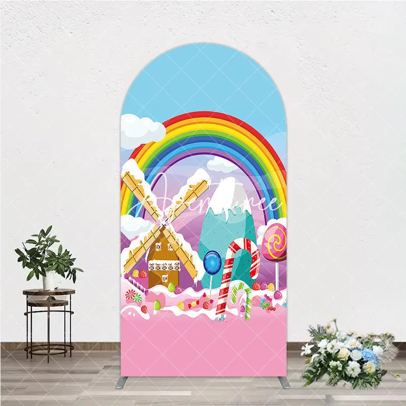 Aperturee - Aperturee Colorful Rainbow Candy Land Windmill Round Top Arch Backdrop Sweet Wonderland Birthday Party Decor