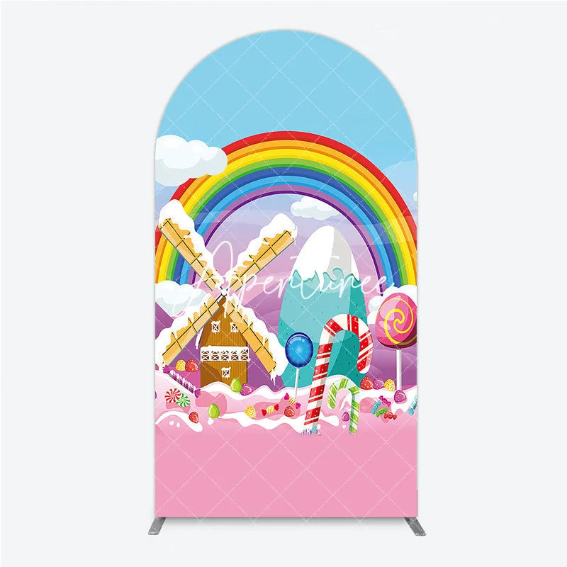 Aperturee - Aperturee Colorful Rainbow Candy Land Windmill Round Top Arch Backdrop Sweet Wonderland Birthday Party Decor