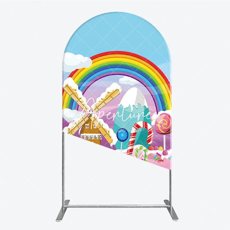 Aperturee - Aperturee Colorful Rainbow Candy Land Windmill Round Top Arch Backdrop Sweet Wonderland Birthday Party Decor