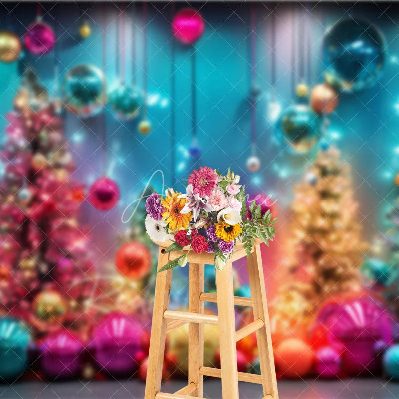 Aperturee - Aperturee Colorful Rainbow Christmas Photography Backdrop Funky and Vibrant with Neon Lights Modern Holiday Photo Booth