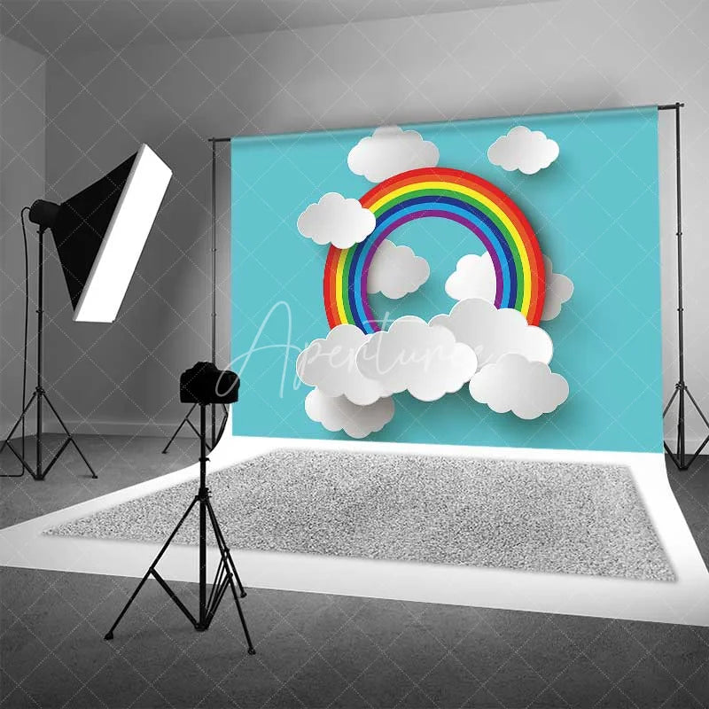 Aperturee - Aperturee Colorful Rainbow Clouds Birthday Backdrop Blue Sky Baby Shower Cake Smash Photography Background