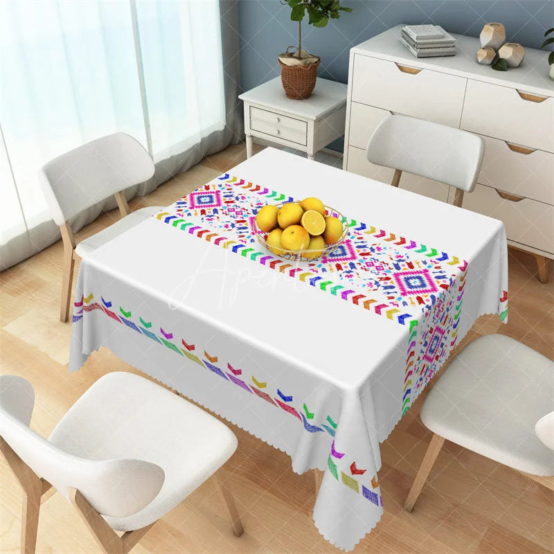 Aperturee - Aperturee Colorful Rainbow Tribal Band Rectangle Tablecloth White Aztec Pattern Table Cover for Boho Party