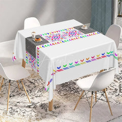 Aperturee - Aperturee Colorful Rainbow Tribal Band Rectangle Tablecloth White Aztec Pattern Table Cover for Boho Party