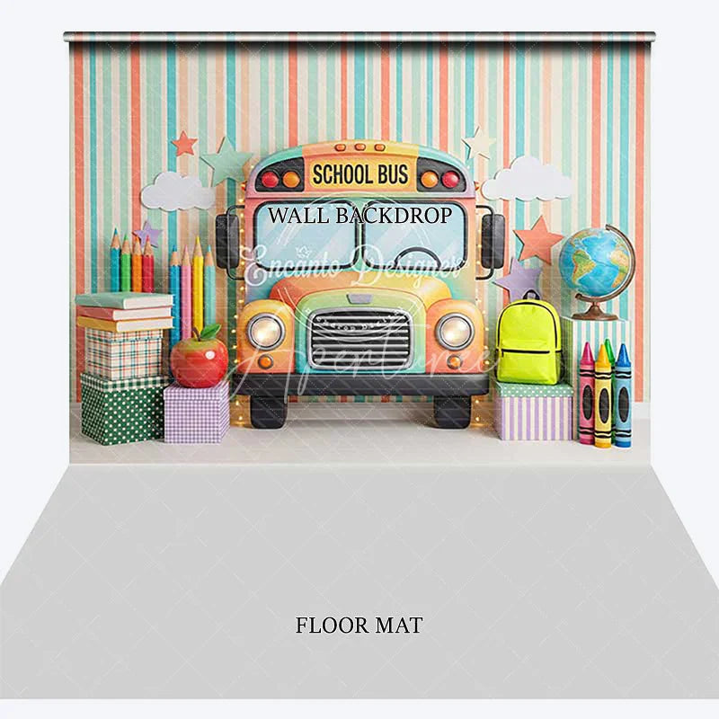 Aperturee - Aperturee Colorful School Bus and Learning Supplies Combo Set Backdrop Striped Back to School Theme for Kids Photography