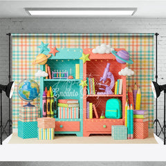 Aperturee - Aperturee Colorful School Supplies Bookshelves Photography Backdrop Educational Pastel Plaid for Kids Back to School Party