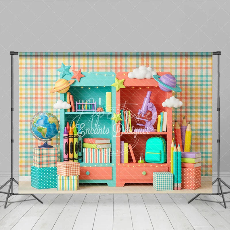 Aperturee - Aperturee Colorful School Supplies Bookshelves Photography Backdrop Educational Pastel Plaid for Kids Back to School Party