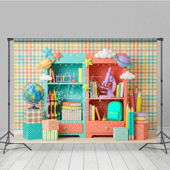 Aperturee - Aperturee Colorful School Supplies Bookshelves Photography Backdrop Educational Pastel Plaid for Kids Back to School Party
