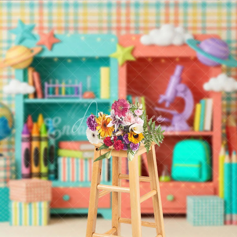 Aperturee - Aperturee Colorful School Supplies Bookshelves Photography Backdrop Educational Pastel Plaid for Kids Back to School Party