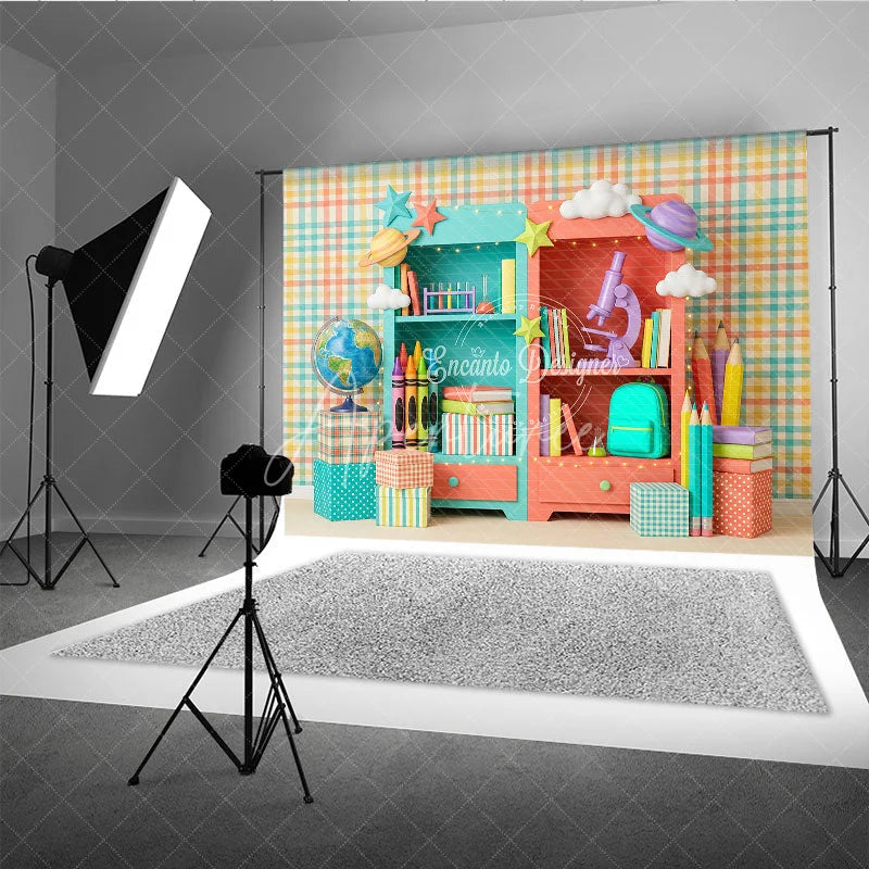 Aperturee - Aperturee Colorful School Supplies Bookshelves Photography Backdrop Educational Pastel Plaid for Kids Back to School Party