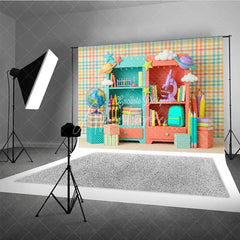 Aperturee - Aperturee Colorful School Supplies Bookshelves Photography Backdrop Educational Pastel Plaid for Kids Back to School Party