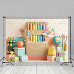 Aperturee - Aperturee Colorful School Theme Photography Backdrop featuring Pencils Crayons Apple and Books for Kids