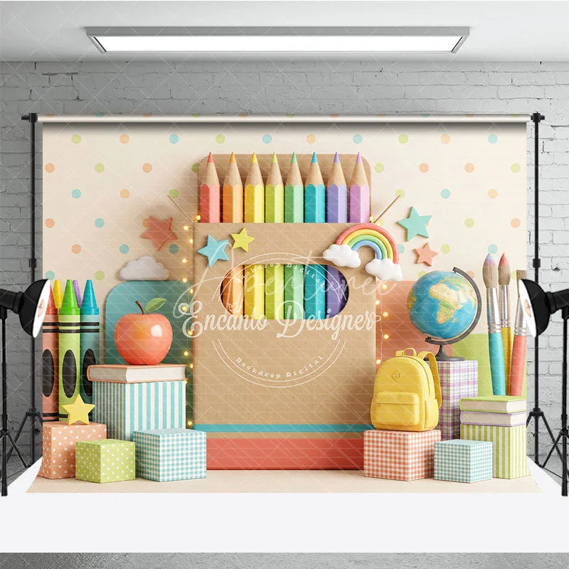 Aperturee - Aperturee Colorful School Theme Photography Backdrop featuring Pencils Crayons Apple and Books for Kids