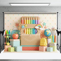 Aperturee - Aperturee Colorful School Theme Photography Backdrop featuring Pencils Crayons Apple and Books for Kids