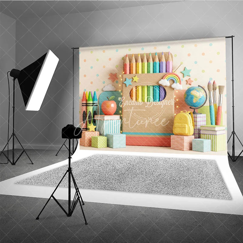 Aperturee - Aperturee Colorful School Theme Photography Backdrop featuring Pencils Crayons Apple and Books for Kids