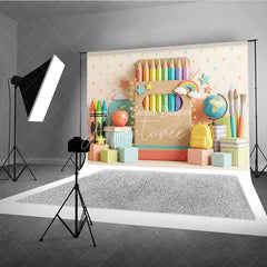 Aperturee - Aperturee Colorful School Theme Photography Backdrop featuring Pencils Crayons Apple and Books for Kids