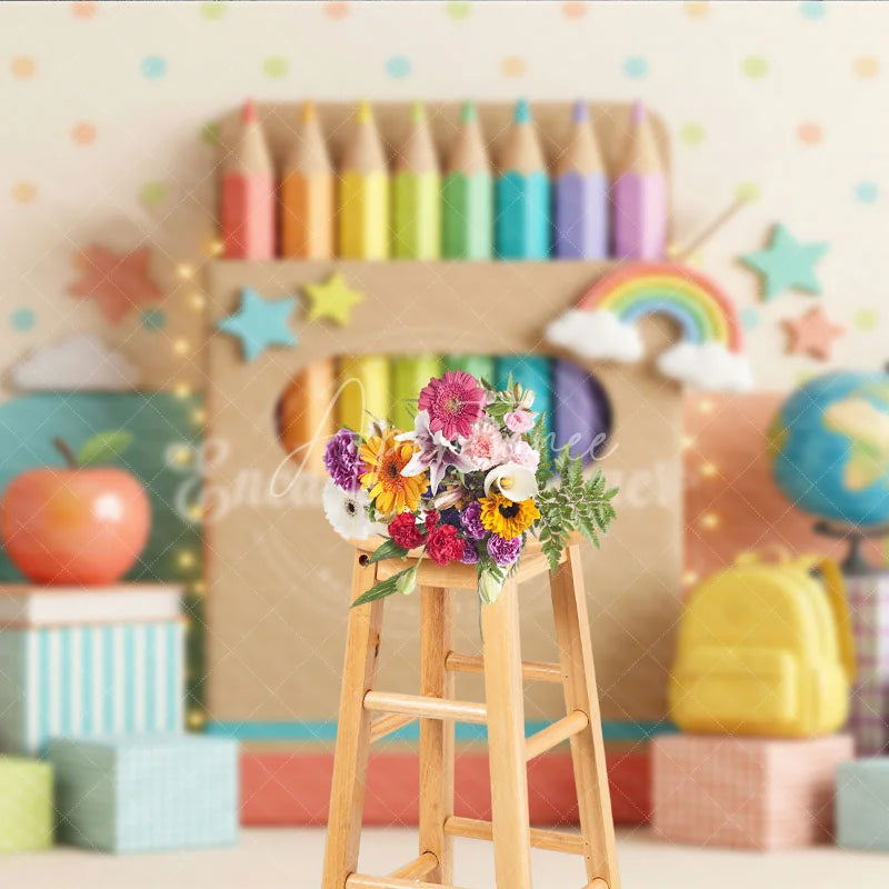 Aperturee - Aperturee Colorful School Theme Photography Backdrop featuring Pencils Crayons Apple and Books for Kids