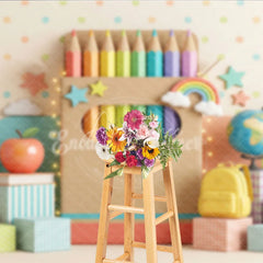 Aperturee - Aperturee Colorful School Theme Photography Backdrop featuring Pencils Crayons Apple and Books for Kids
