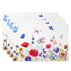 Aperturee - Aperturee Colorful Spring Floral and Butterfly Placemats Set of 4 for Easter and Garden Party Dining Table