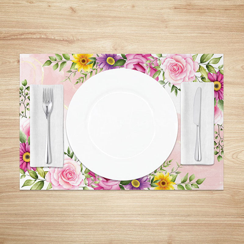 Aperturee - Aperturee Colorful Spring Floral Placemats Set of 4 with Botanical Leaf Print for Easter and Garden Party