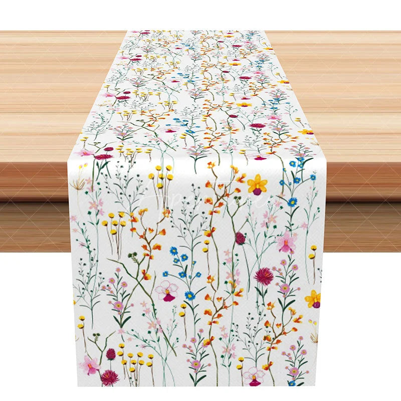Aperturee - Aperturee Colorful Spring Wildflower Table Runner Dainty Botanical Print Farmhouse Kitchen Dining Table Decor