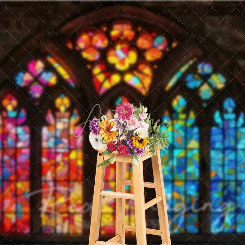 Aperturee - Aperturee Colorful Stained Glass Window Photography Backdrop Vibrant Church Architecture Background Religious Spiritual Photo
