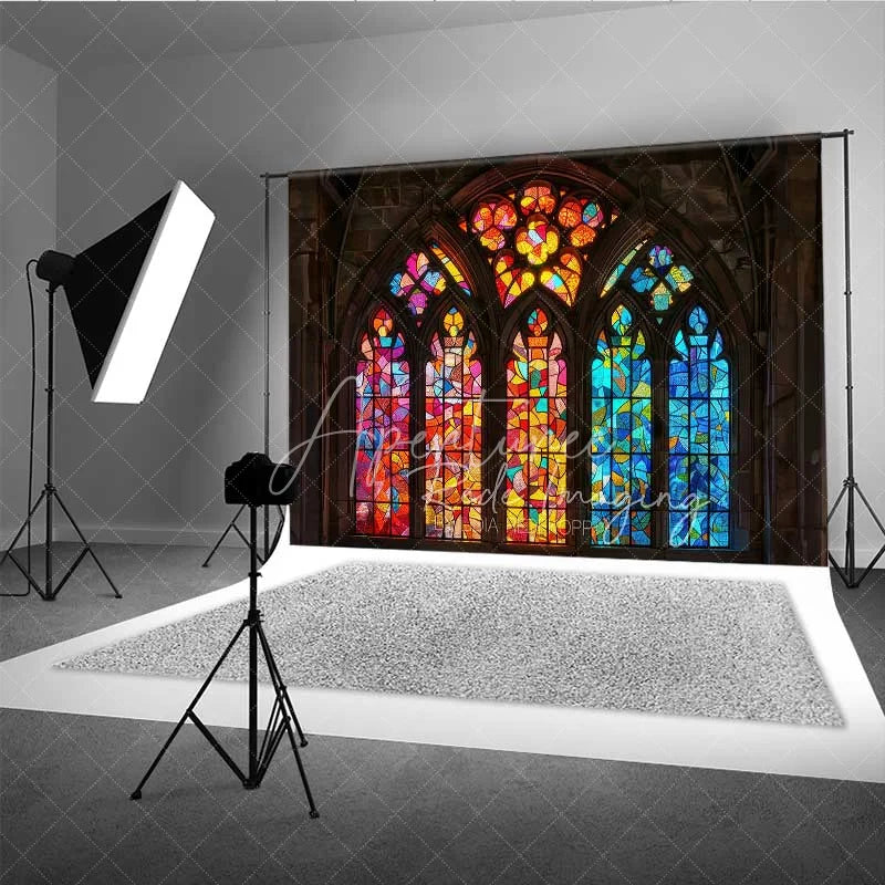 Aperturee - Aperturee Colorful Stained Glass Window Photography Backdrop Vibrant Church Architecture Background Religious Spiritual Photo