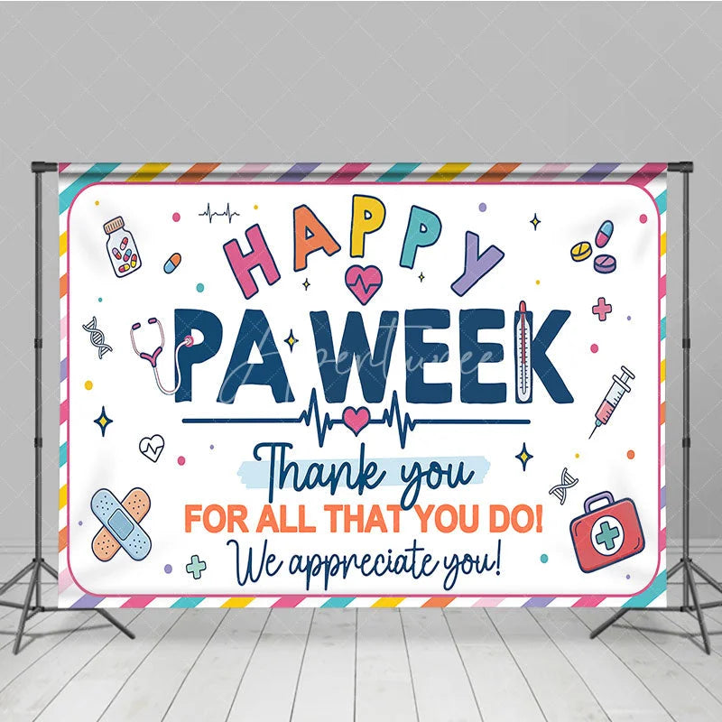 Aperturee - Aperturee Colorful Striped Happy PA Week Thank You Holiday Backdrop Featuring Medical Appreciation Elements