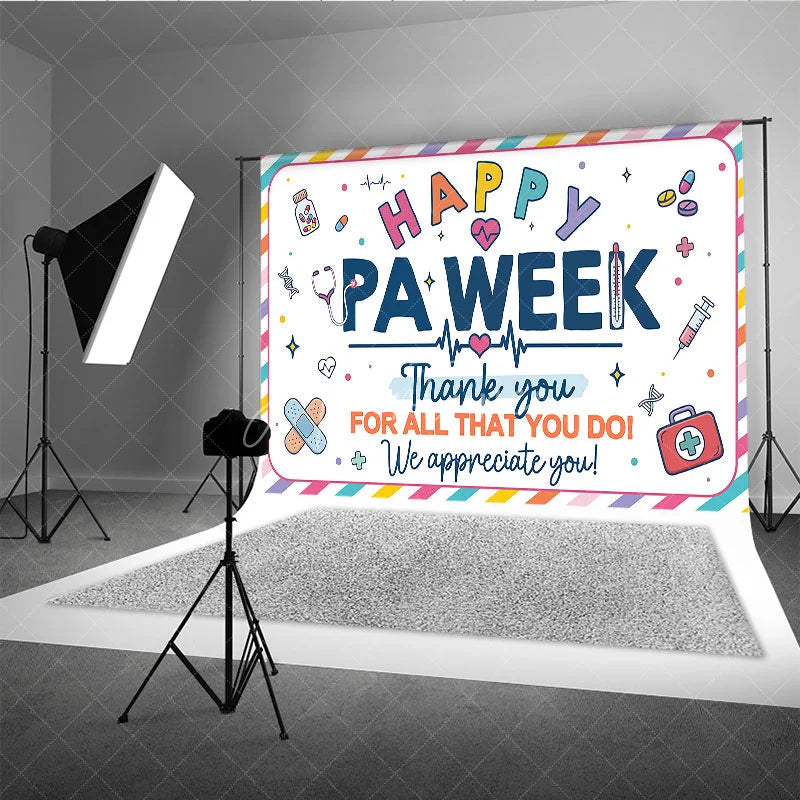 Aperturee - Aperturee Colorful Striped Happy PA Week Thank You Holiday Backdrop Featuring Medical Appreciation Elements