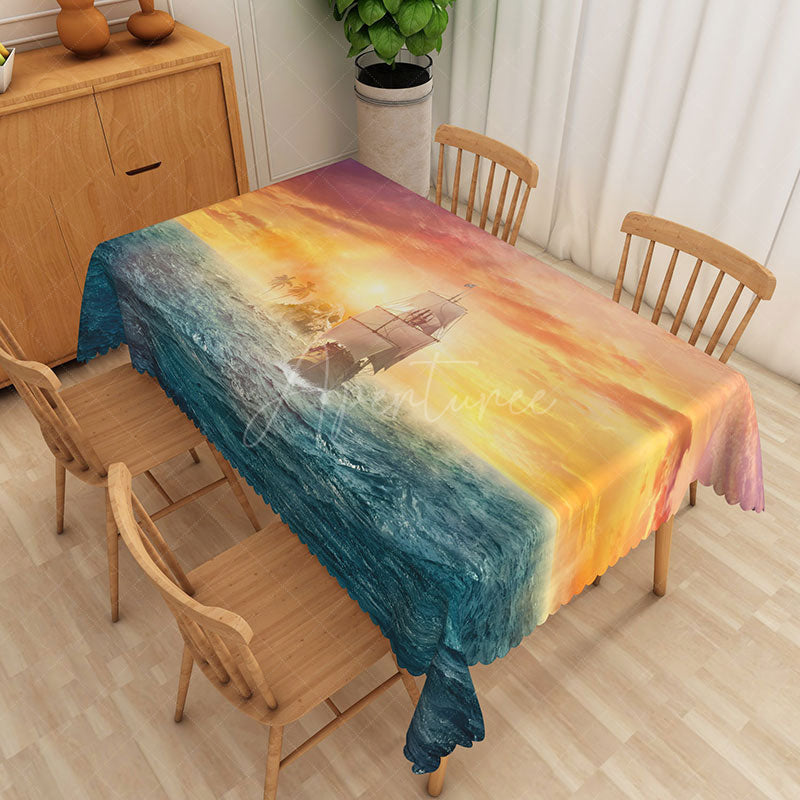 Aperturee - Aperturee Colorful Sunset Ocean Wave Rectangle Tablecloth for Coastal Beach House and Summer Dining Decor