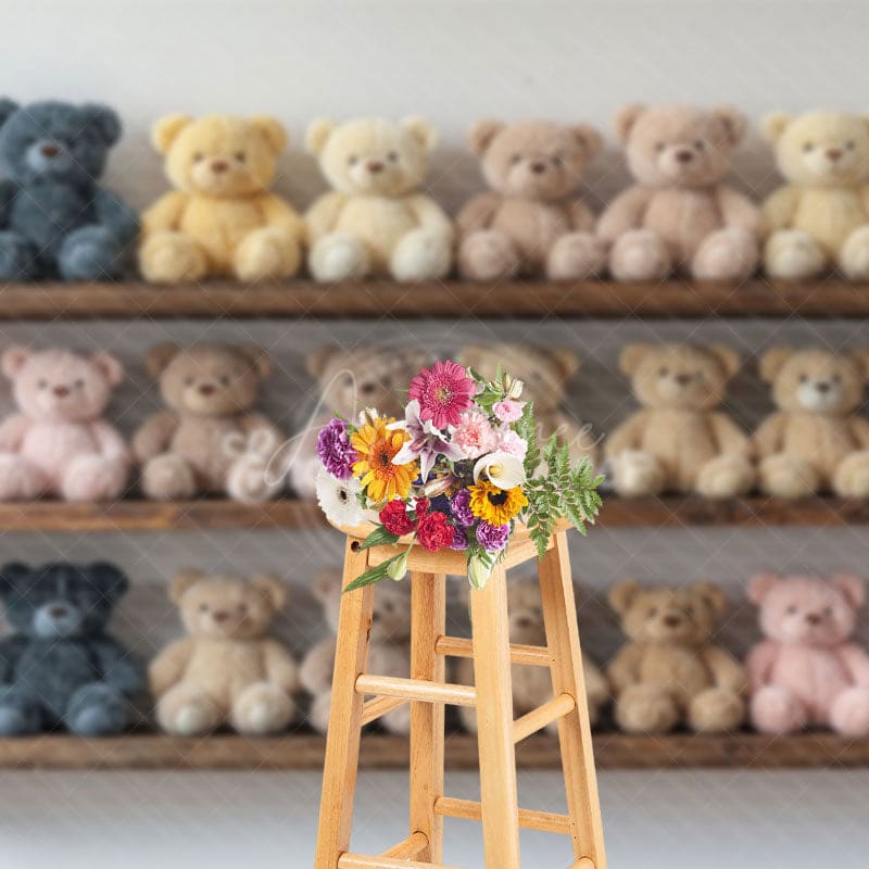 Aperturee - Aperturee Colorful Toy Bears Shelf Cake Smash Photo Backdrop